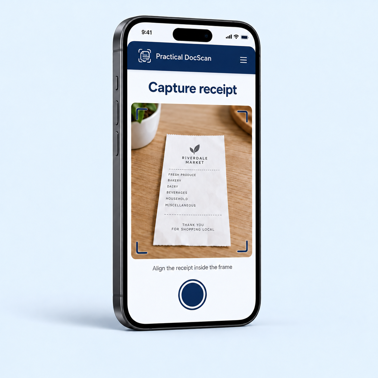 Phone screen for capturing a paper receipt.