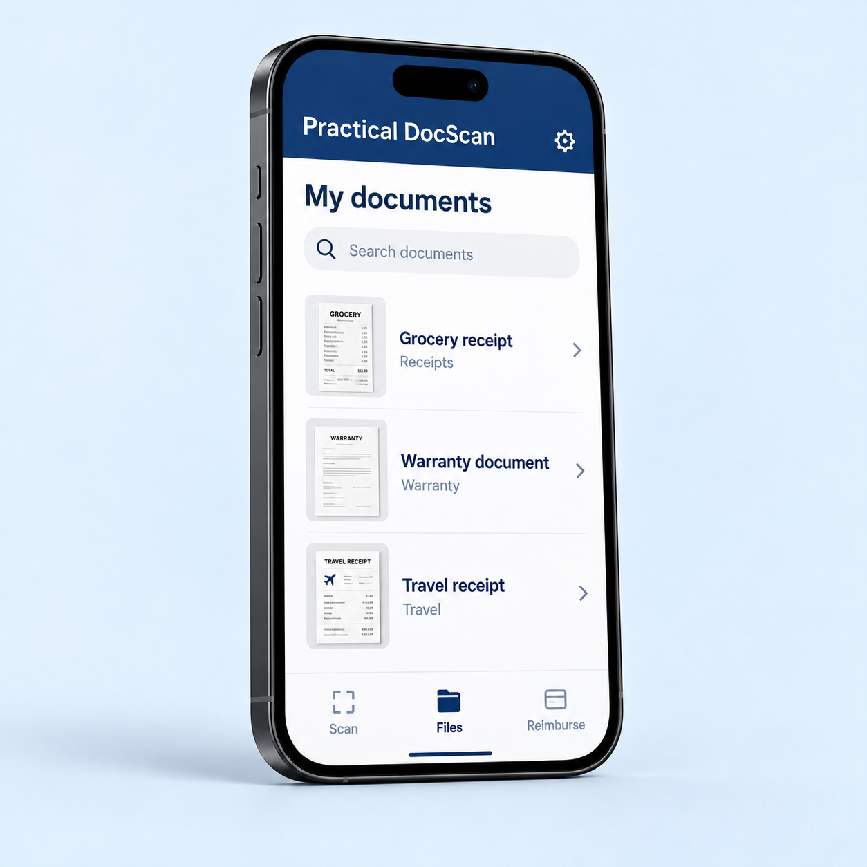 Phone screen showing saved receipts and documents in a searchable library.