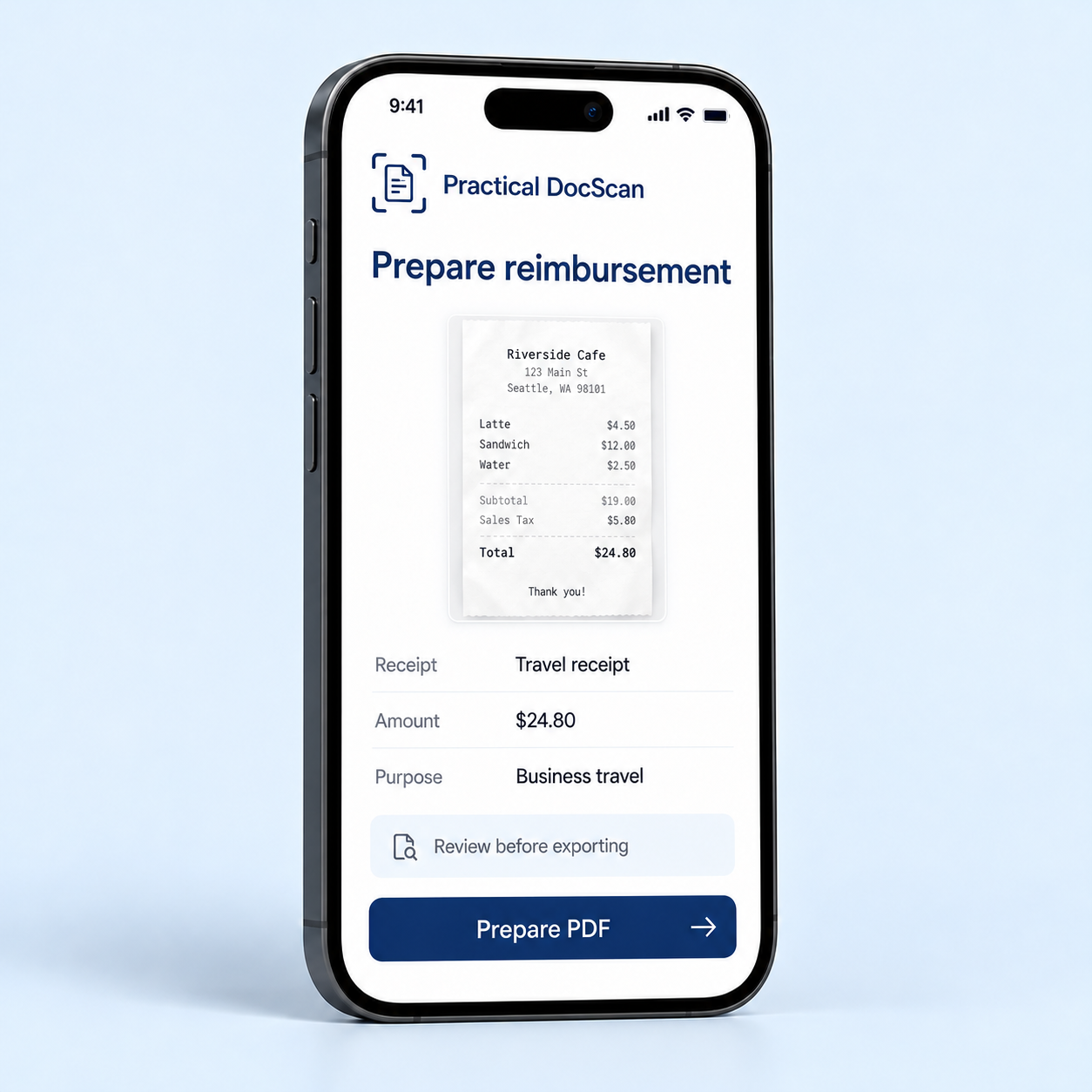 Phone screen preparing a reimbursement PDF from a travel receipt.