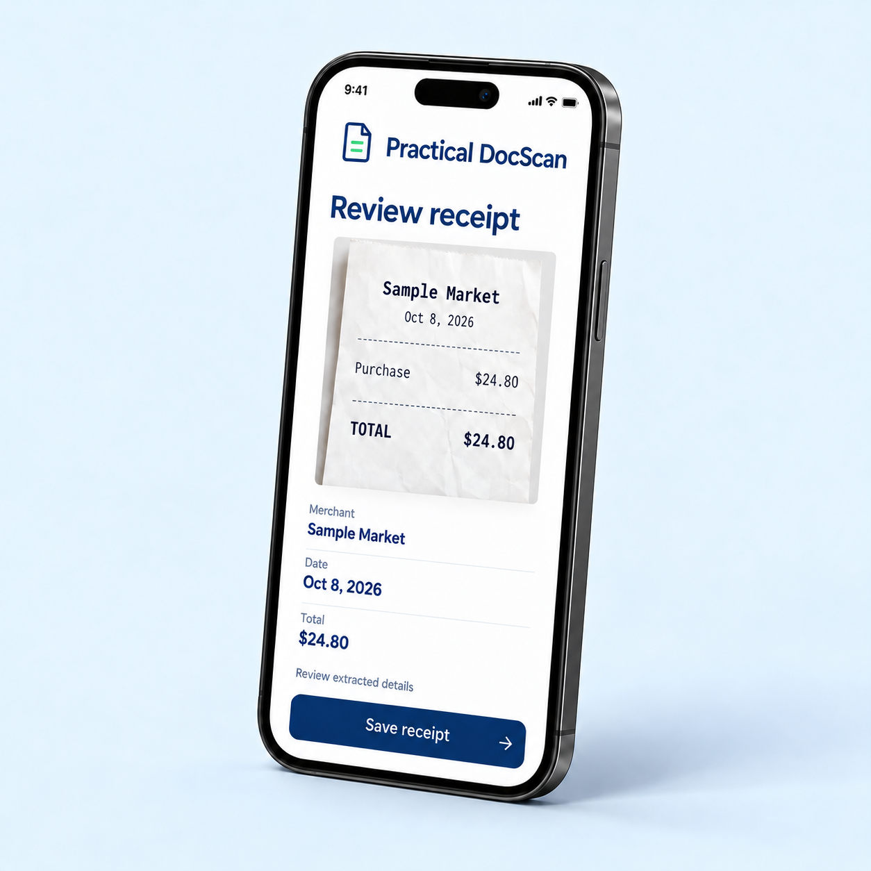 A phone showing a receipt beside extracted merchant, date and total fields, with a Save receipt action.